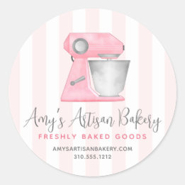 Sticker Rond Mélangeur de cuisine rose blush blanc rayures boul