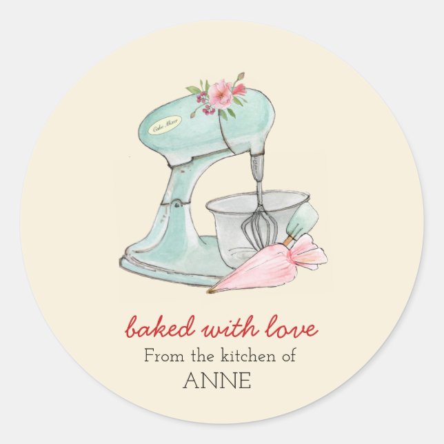 Sticker Rond Mélangeur de gâteau pêche "Cuite avec amour" (Devant)