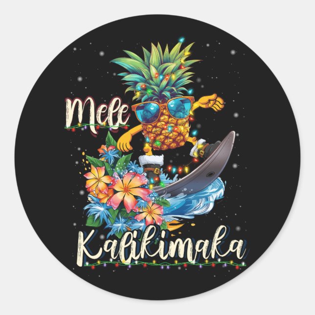 Sticker Rond Mele Kalikimaka Hawaiian Pineapping Surf Ridding (Devant)
