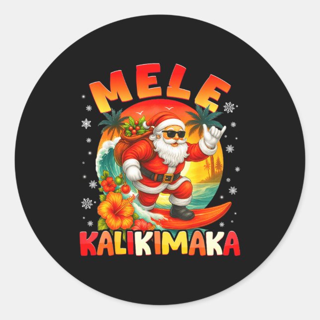 Sticker Rond Mele Kalikimaka Santa Rock On Hawaii Christmas Xma (Devant)
