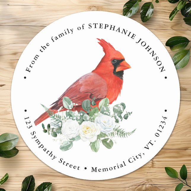 Sticker Rond Memorial Cardinal Floral Funeral Adresse de retour (Créateur téléchargé)