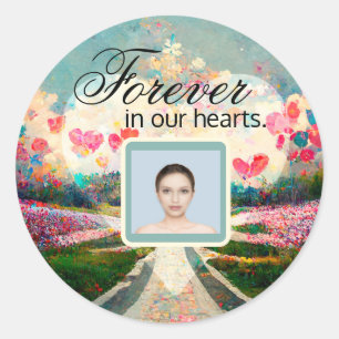 Sticker Rond Mémorial photo avec le coeur et les fleurs Sticke