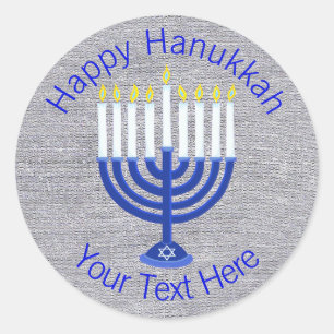 Sticker Rond Menorah bleu foncé Hanoukka sur Faux Silver Cute