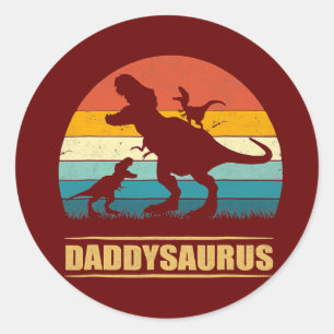 Sticker Rond Mens Daddy Dinosaur Daddysaurus 2 Enfants Père