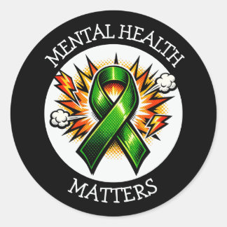 Sticker Rond Mental Health Matters Pop Art Green Ribbon
