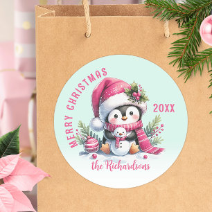 Sticker Rond Menthe verte et rose Joyeux pingouin de Noël