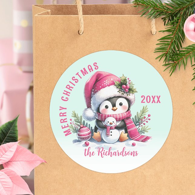 Sticker Rond Menthe verte et rose Joyeux pingouin de Noël (Créateur téléchargé)