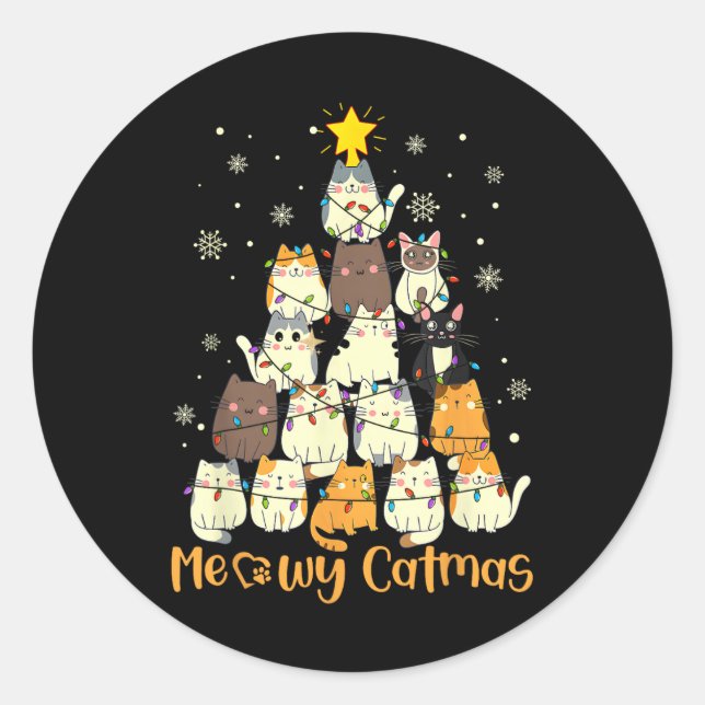 Sticker Rond Meowa Catmas Chat Noël Arbre de Noël Filles Garçon (Devant)