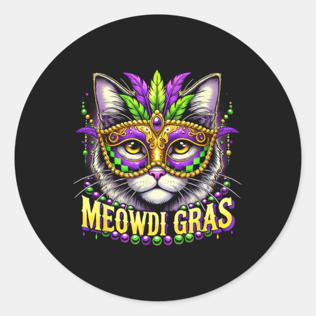 Sticker Rond Meowdi Gras Mardi Gras Carnaval Animaux de compagn (Devant)