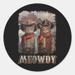 Sticker Rond Meowdy Western Pays Côté Chat Casquette Vintage Co