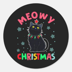 Sticker Rond Meowe Noël Noël Lumières Chat noir Pyjamas Fami