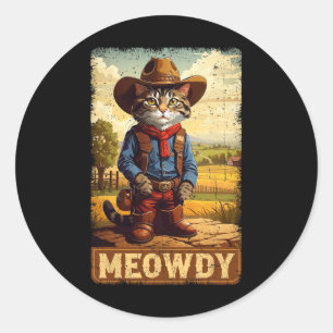 Sticker Rond Meowny Country Side Chat Casquette Vintage Cowboy