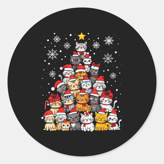 Sticker Rond Meowy Catmas Cat Christmas Tree Xmas Girls Boys Fu (Devant)