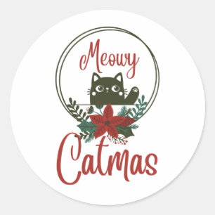 Sticker Rond Meowy Catmas, Noël drôle