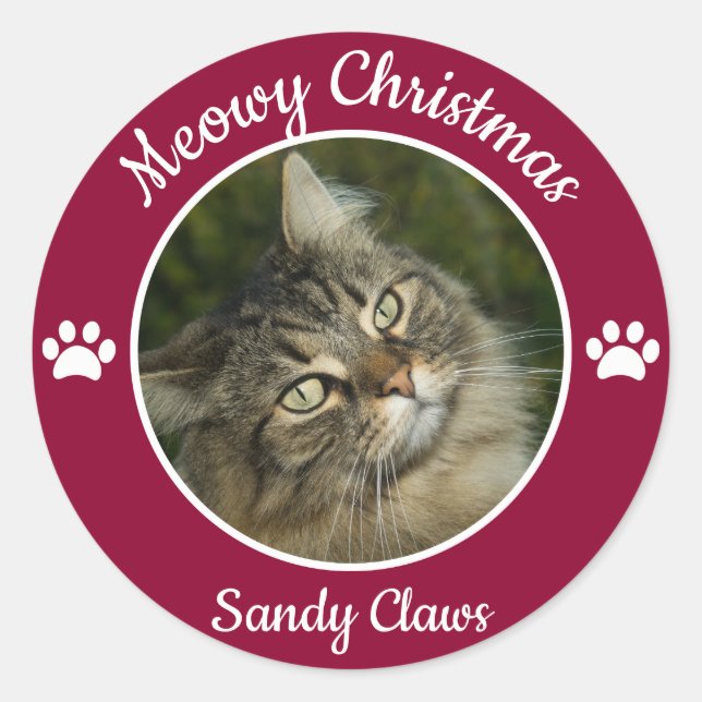 Sticker Rond Meowy Christmas Cute Cat Photo avec des pattes de  (Devant)