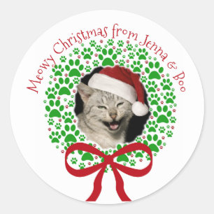 Sticker Rond Meowy Christmas Empreinte de patte Holiday Wreath 