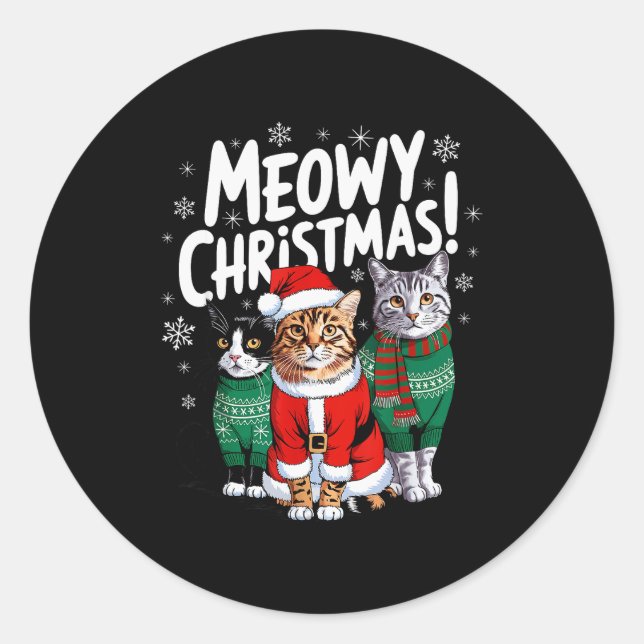 Sticker Rond Meowy Christmas Funny Cat Christmas Holiday Xmas S (Devant)
