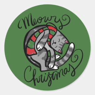 Sticker Rond Meowy Christmas Grey Cat Art