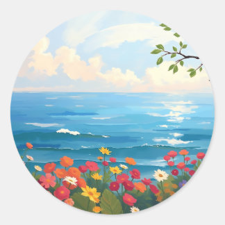 Sticker Rond Mer impressionniste avec jardin fleurissant