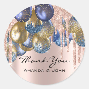 Sticker Rond Merci 16e Mariage nuptiale Ballon Blue Navy Drips