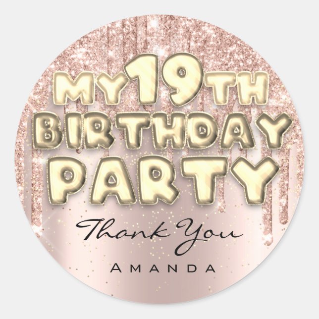 Sticker Rond Merci 19e anniversaire Parties scintillant  Rose (Devant)