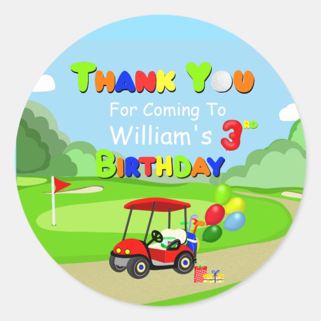 Sticker Rond Merci 3e anniversaire Red Golf Cart Boy's (Devant)