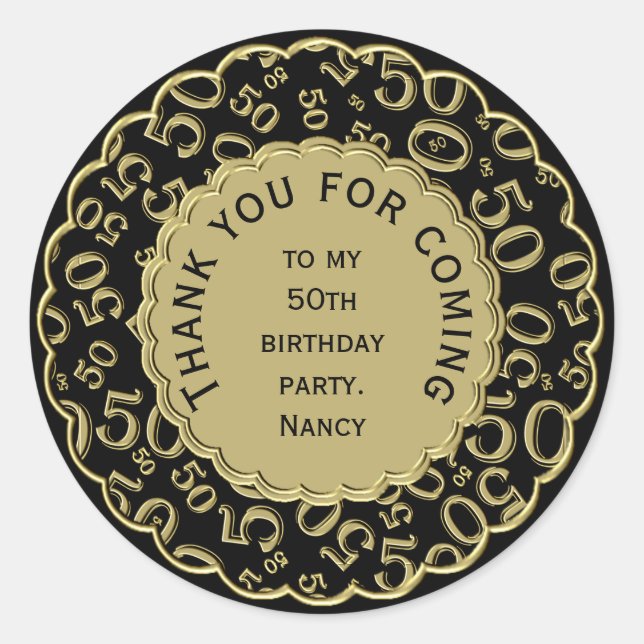 Sticker Rond Merci 50e nombre Motif noir et or (Devant)