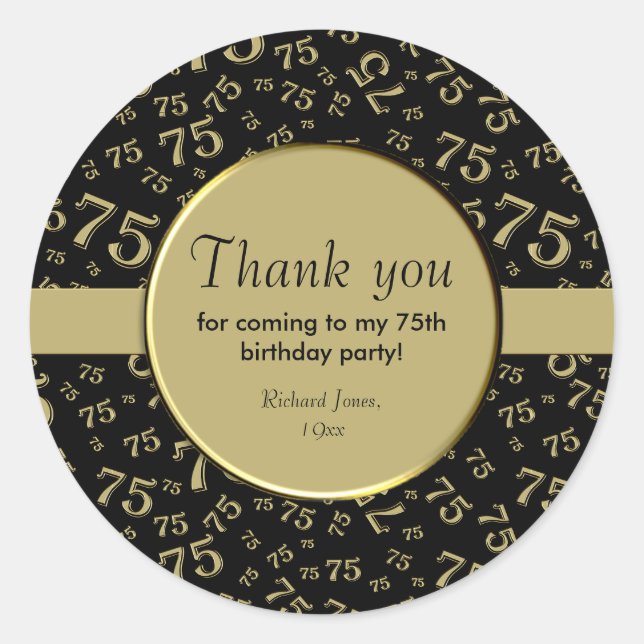Sticker Rond Merci : 75e Motif de numéros Black & Gold (Devant)