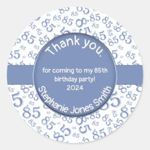 Sticker Rond Merci : 85e anniversaire Motif de numéro bleu/blan