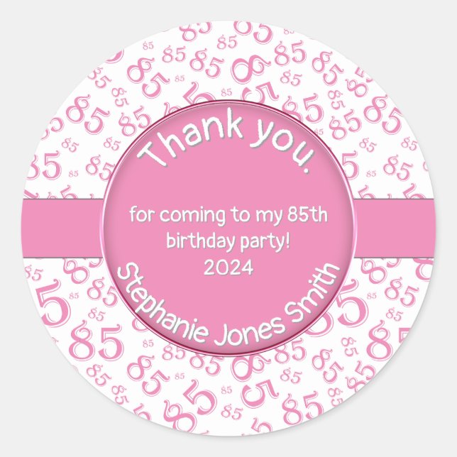 Sticker Rond Merci : 85e anniversaire Motif de numéro rose/blan (Devant)