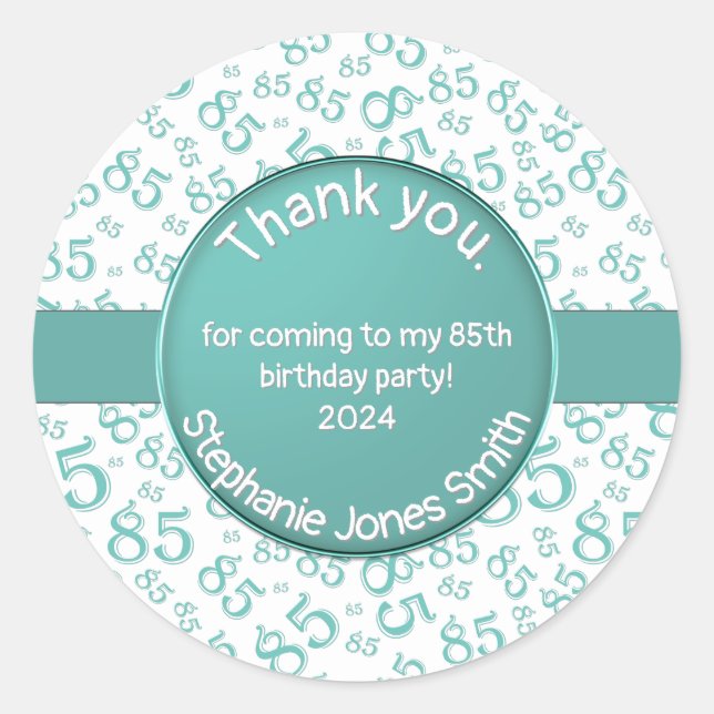 Sticker Rond Merci : 85e anniversaire Turquoise/blanc Motif num (Devant)