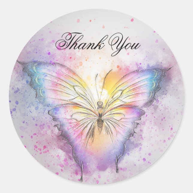 Sticker Rond Merci à papillon couleur unique (Devant)