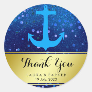 Sticker Rond Merci Ancre nautique Mariage bleu Confetti