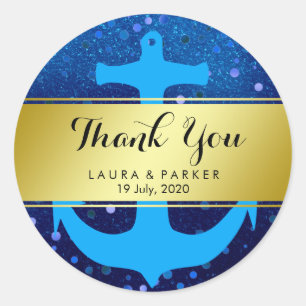 Sticker Rond Merci Ancre nautique Mariage bleu Confetti