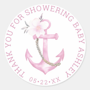 Sticker Rond Merci Ancre Nautique rose Baby shower fille