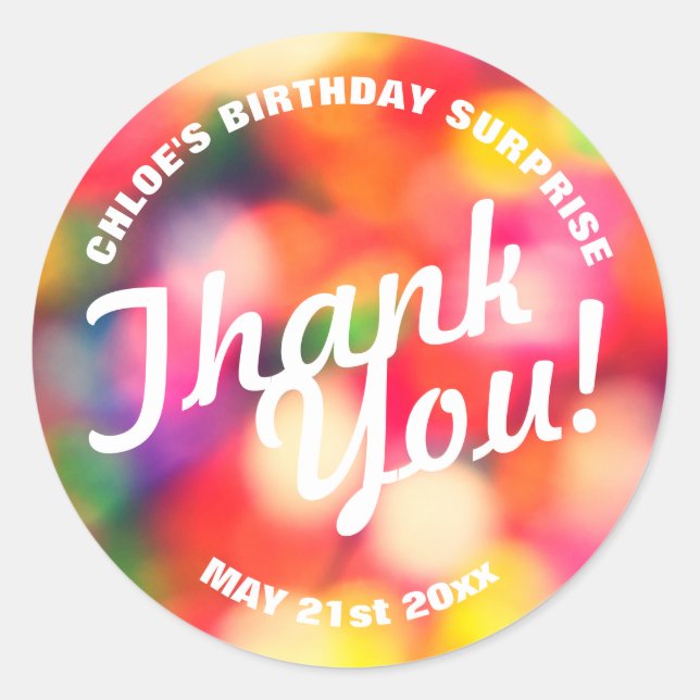 Sticker Rond Merci! Anniversaire avec des arroses floues (Devant)