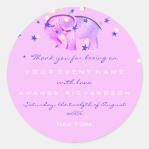 Sticker Rond Merci Anniversaire Baby shower rose Eléphant bleu