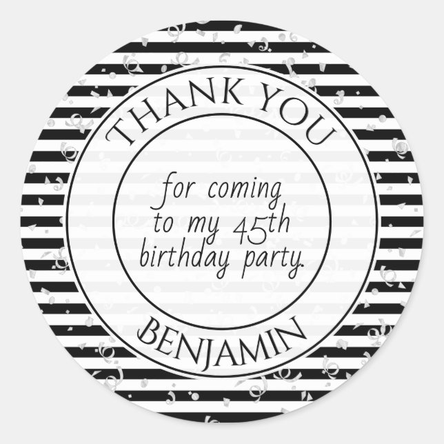 Sticker Rond Merci Anniversaire Fête Noir/Blanc Rayon rond (Devant)