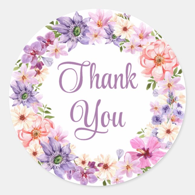 Sticker Rond merci aquarelle fleurs violettes élégantes (Devant)