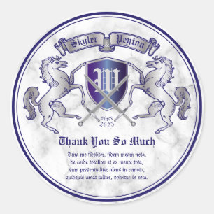 Sticker Rond Merci Armoiries Monogramme Emble Cheval Argent