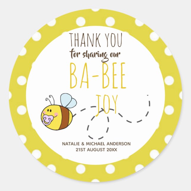 Sticker Rond Merci BA-BEE Baby shower Polkadot jaune (Devant)