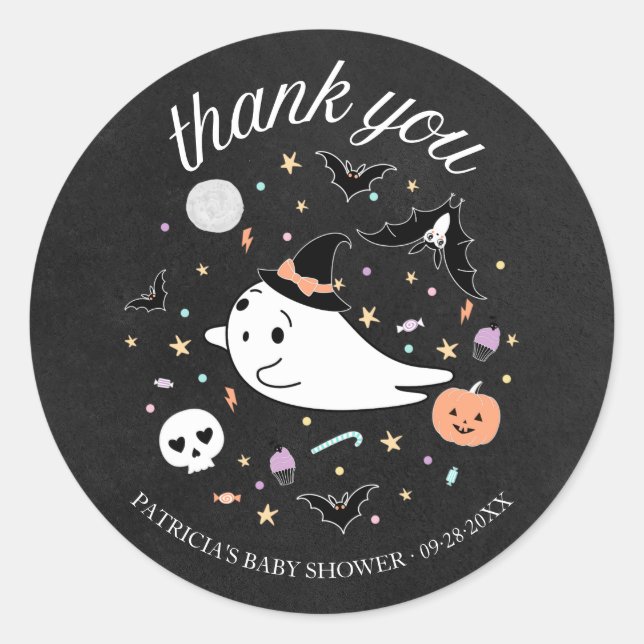 Sticker Rond Merci Baby Ghost Halloween Baby shower fille (Devant)