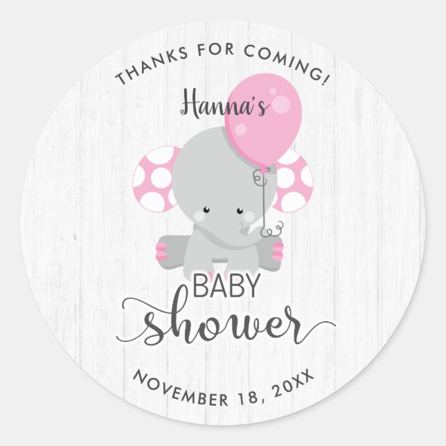 Sticker Rond Merci Baby shower blanc en bois et éléphant rose (Devant)