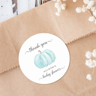 Sticker Rond Merci Baby shower citrouille bleu aquarelle