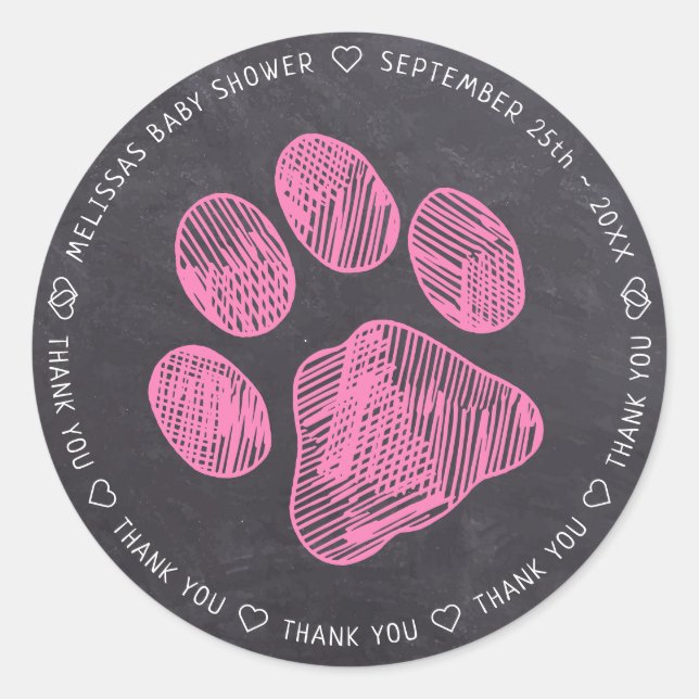 Sticker Rond Merci Baby shower Empreinte de patte rose Chalkboa (Devant)