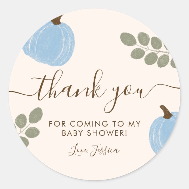 Sticker Rond Merci Baby shower Eucalyptus Citrouille bleu mou (Devant)
