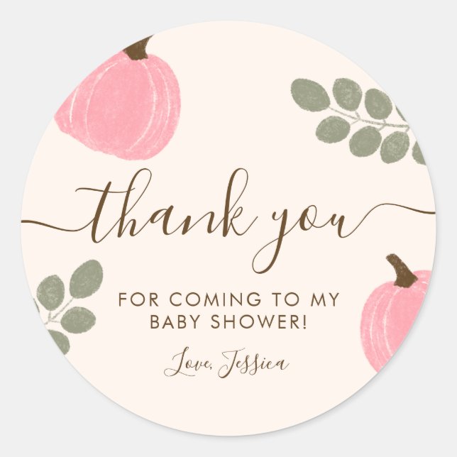 Sticker Rond Merci Baby shower Eucalyptus Citrouille rose migno (Devant)