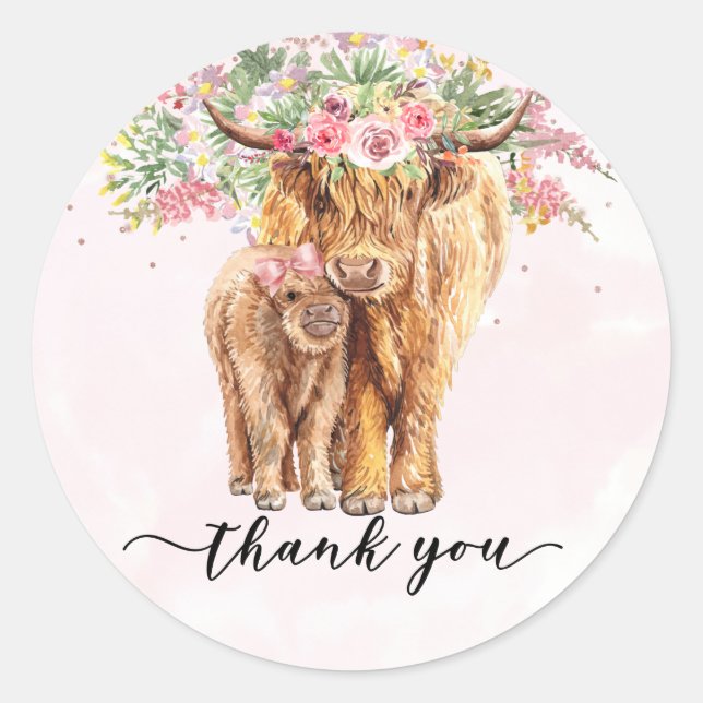 Sticker Rond Merci Baby shower Highland Cow Rose (Devant)