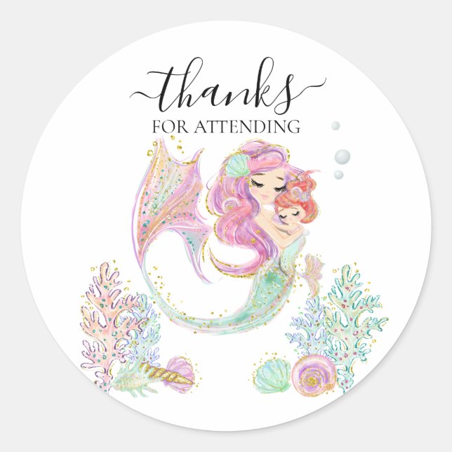 Sticker Rond Merci Baby shower Mermaid (Devant)