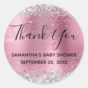 Sticker Rond Merci Baby shower Parties scintillant rose argent